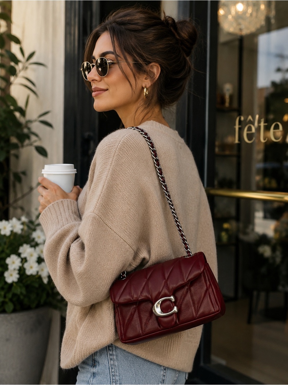 Coach Quilted Burgundy Crossbody with Silver Chain